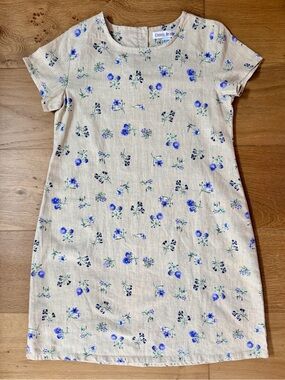 VTG Christie Brooks Cottagecore Ditsy Floral Linen Blend Shift Dress XL Tan Blue